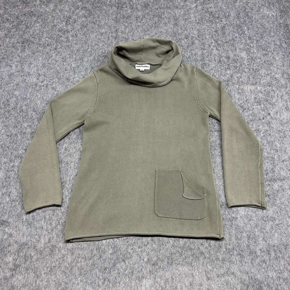 Neon Buddha Sweater Womens XS Green Cowl Neck Pocket Pullover Knit Soft Top